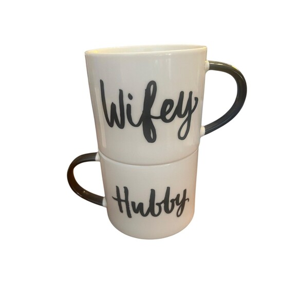 Wifey Hubby Porcelain Coffee Cup Mugs Set Stackable Newlyweds Married Life Cute - Picture 3 of 8